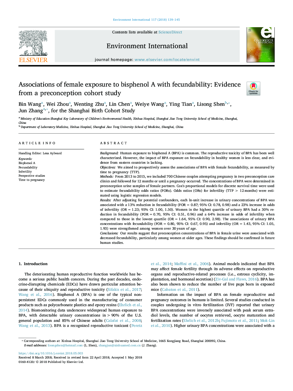 Associations of female exposure to bisphenol A with fecundability: Evidence from a preconception cohort study