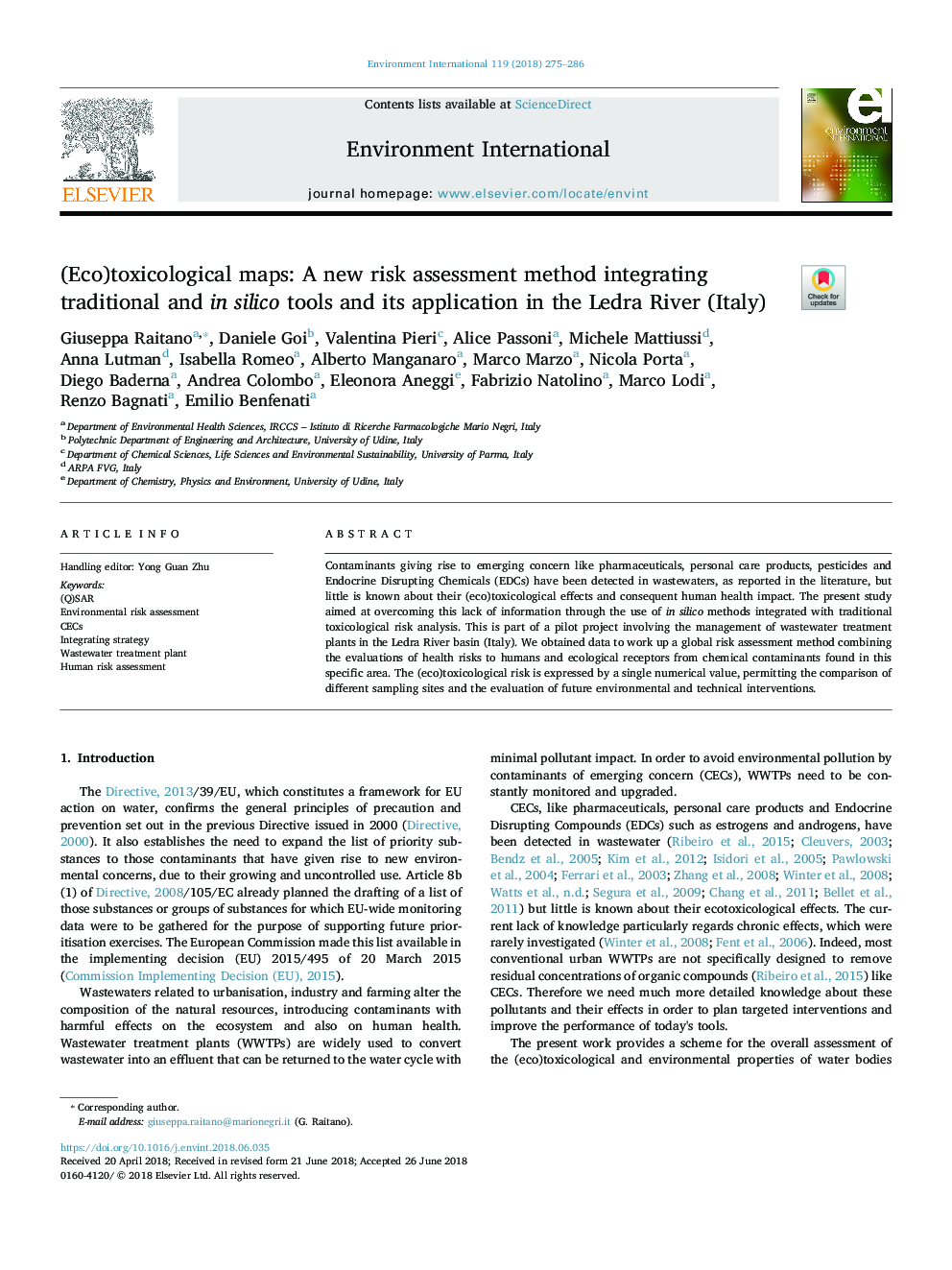 (Eco)toxicological maps: A new risk assessment method integrating traditional and in silico tools and its application in the Ledra River (Italy)