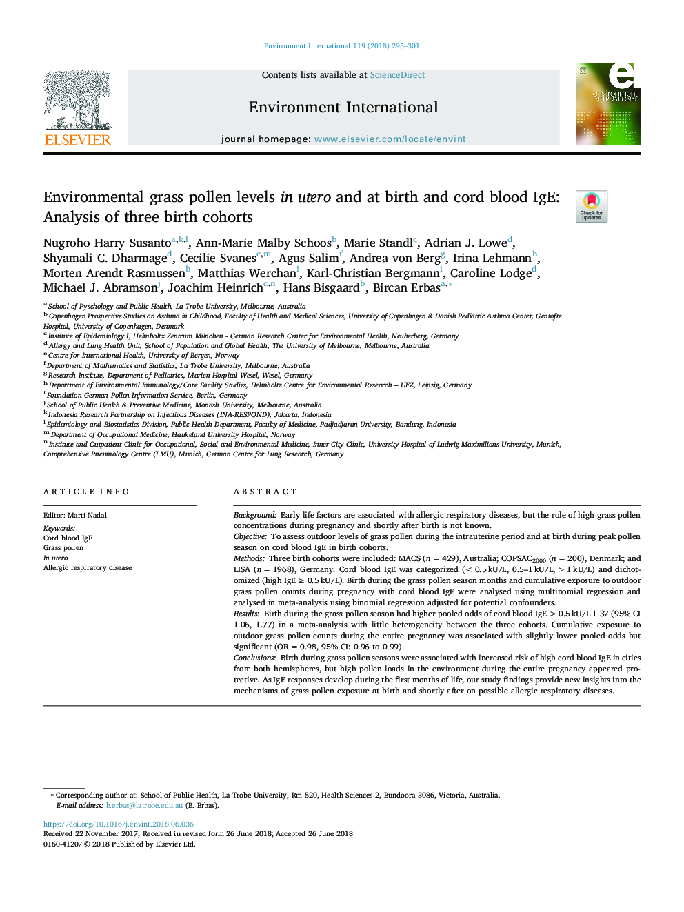 Environmental grass pollen levels in utero and at birth and cord blood IgE: Analysis of three birth cohorts