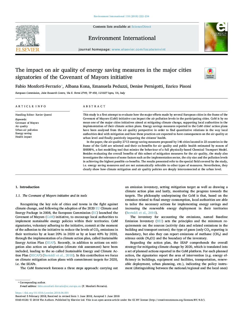 The impact on air quality of energy saving measures in the major cities signatories of the Covenant of Mayors initiative