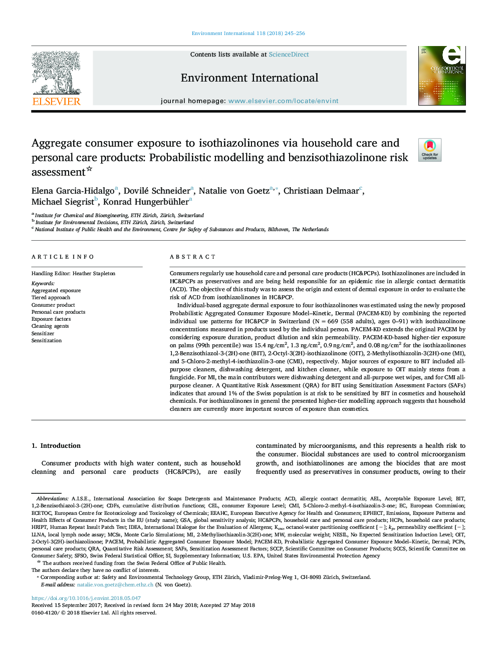 قرار گرفتن مصرف کنندگان در معرض ایزوتایازولینون ها از طریق مراقبت های خانگی و مراقبت شخصی: مدل سازی احتمالاتی و ارزیابی خطر بنزیزوتیازولینون 