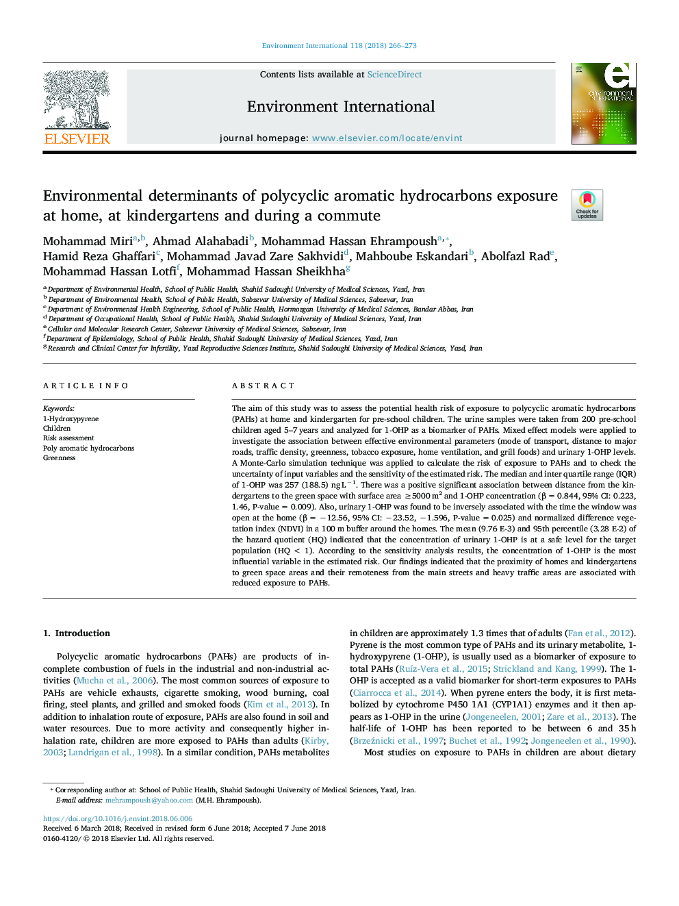 Environmental determinants of polycyclic aromatic hydrocarbons exposure at home, at kindergartens and during a commute