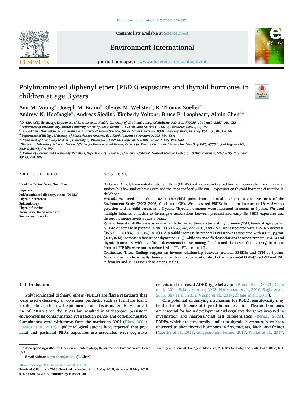 Polybrominated diphenyl ether (PBDE) exposures and thyroid hormones in children at age 3â¯years