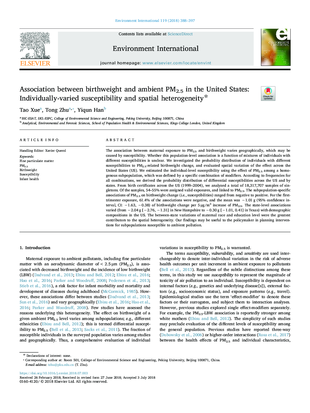 Association between birthweight and ambient PM2.5 in the United States: Individually-varied susceptibility and spatial heterogeneity