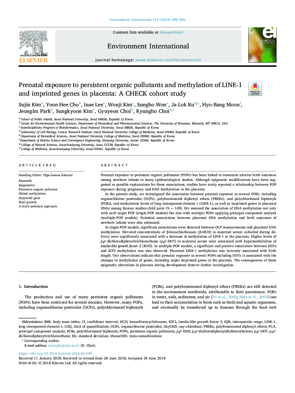 Prenatal exposure to persistent organic pollutants and methylation of LINE-1 and imprinted genes in placenta: A CHECK cohort study