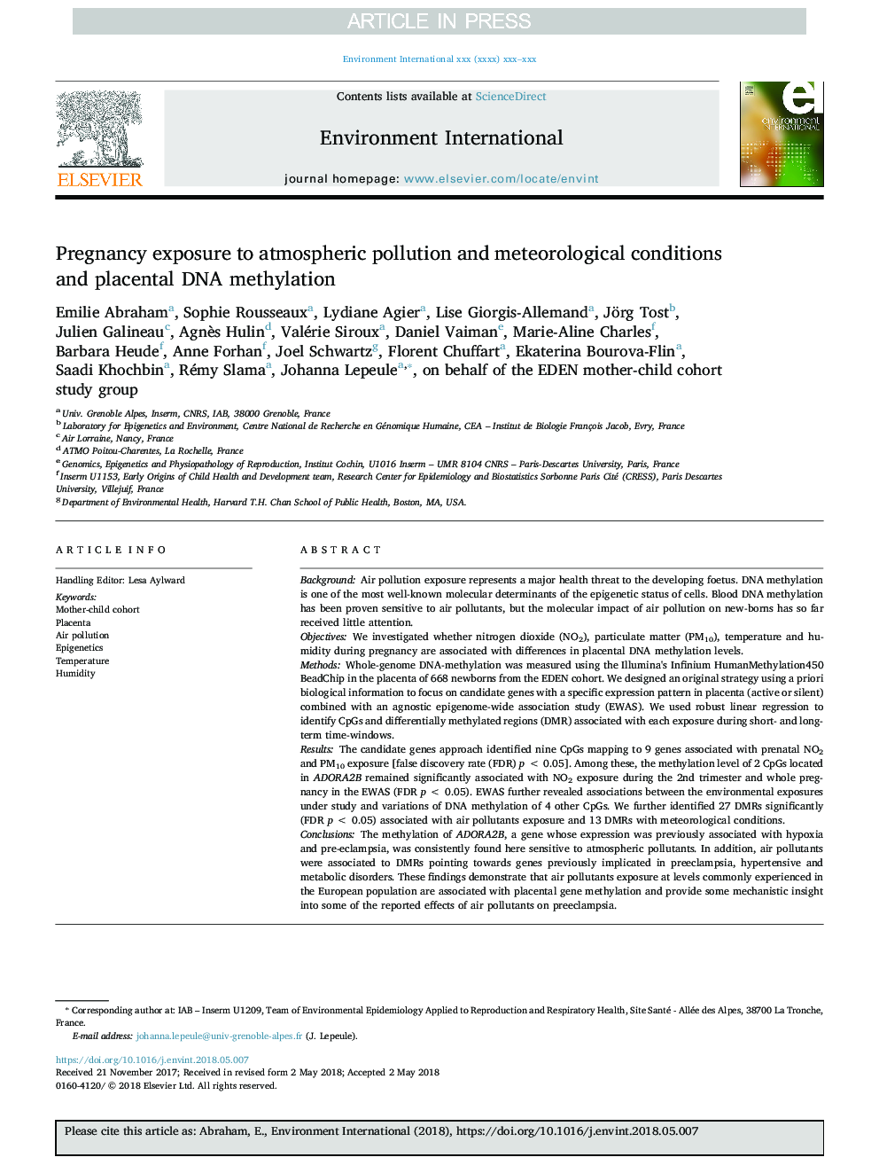 Pregnancy exposure to atmospheric pollution and meteorological conditions and placental DNA methylation