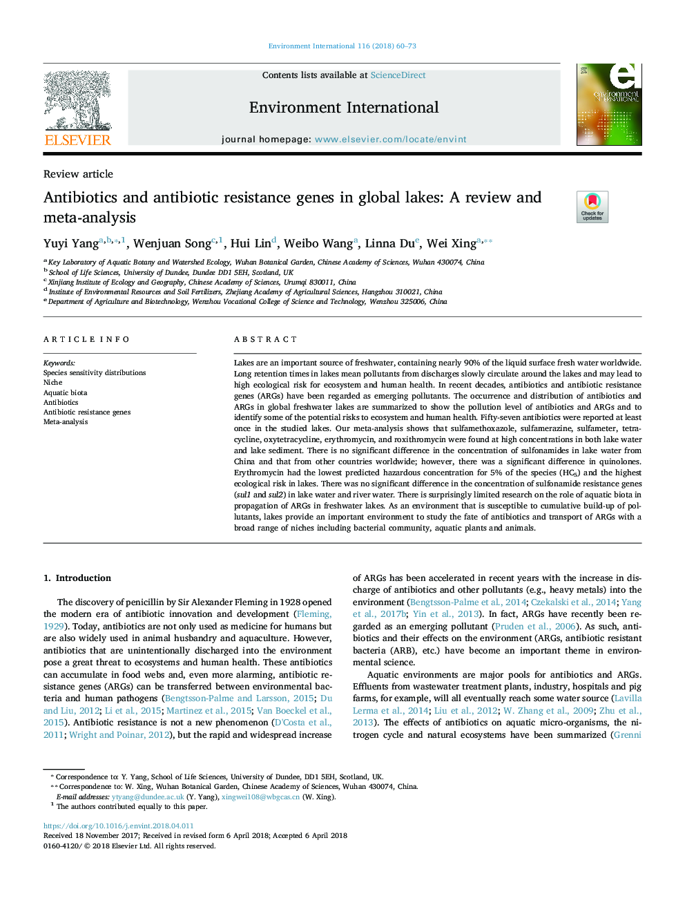 آنتی بیوتیکها و ژنهای مقاومت آنتی بیوتیک در دریاچههای جهانی: بررسی و متاآنالیز 
