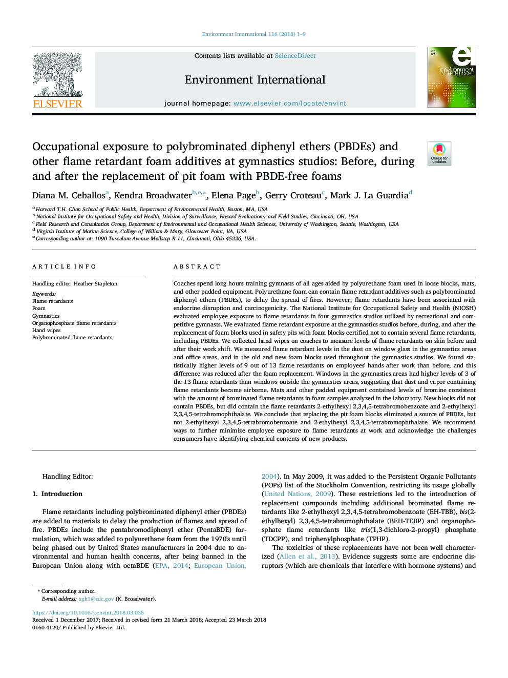 Occupational exposure to polybrominated diphenyl ethers (PBDEs) and other flame retardant foam additives at gymnastics studios: Before, during and after the replacement of pit foam with PBDE-free foams