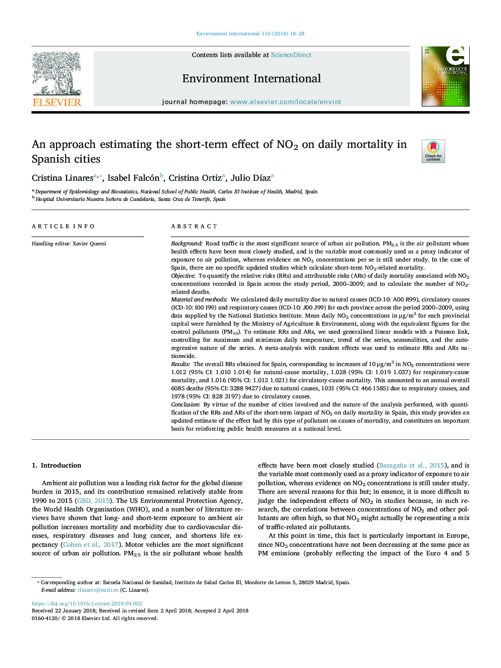 An approach estimating the short-term effect of NO2 on daily mortality in Spanish cities