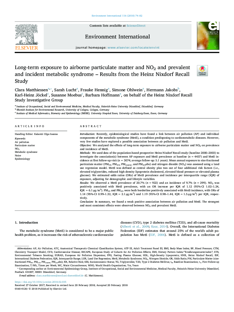 Long-term exposure to airborne particulate matter and NO2 and prevalent and incident metabolic syndrome - Results from the Heinz Nixdorf Recall Study