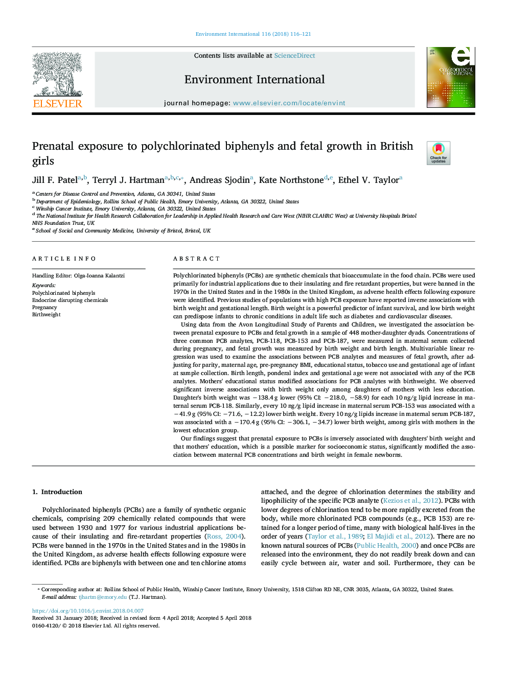 Prenatal exposure to polychlorinated biphenyls and fetal growth in British girls