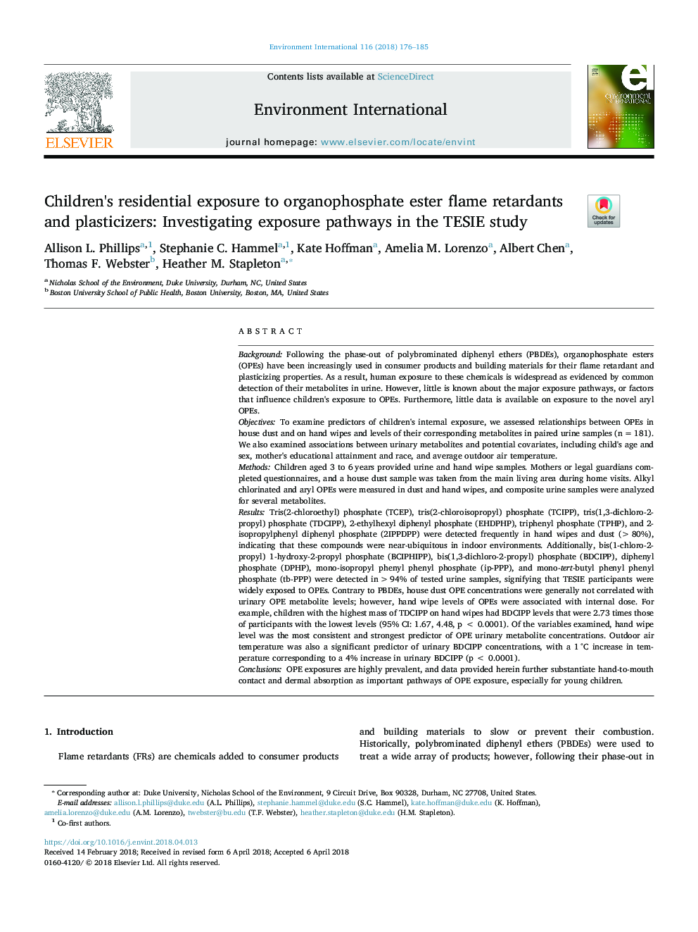 Children's residential exposure to organophosphate ester flame retardants and plasticizers: Investigating exposure pathways in the TESIE study