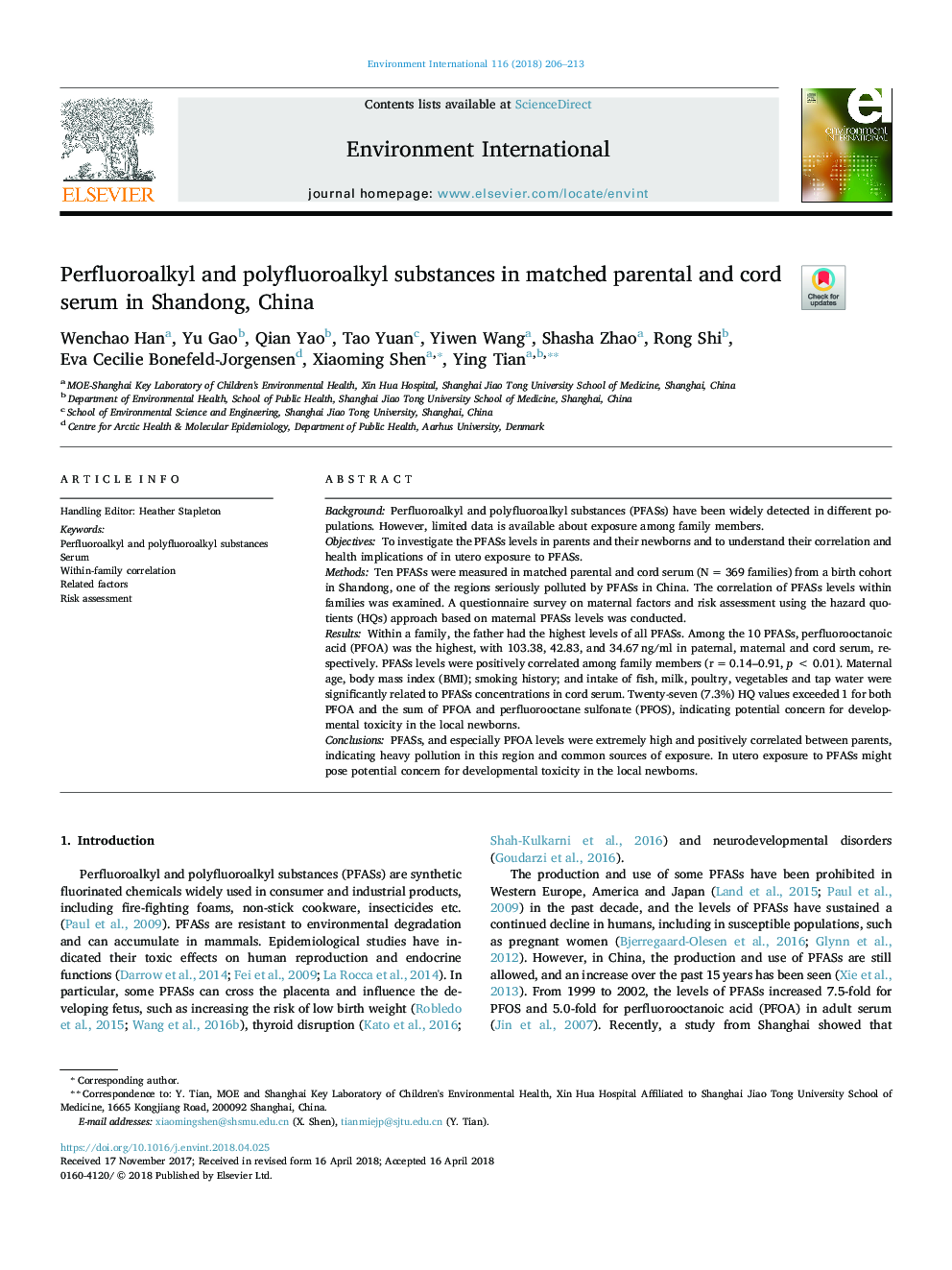 Perfluoroalkyl and polyfluoroalkyl substances in matched parental and cord serum in Shandong, China