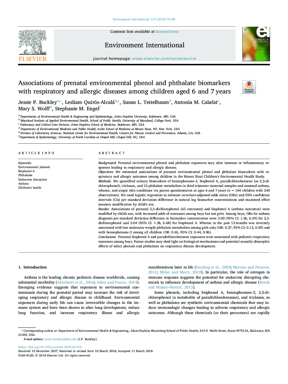 Associations of prenatal environmental phenol and phthalate biomarkers with respiratory and allergic diseases among children aged 6 and 7â¯years