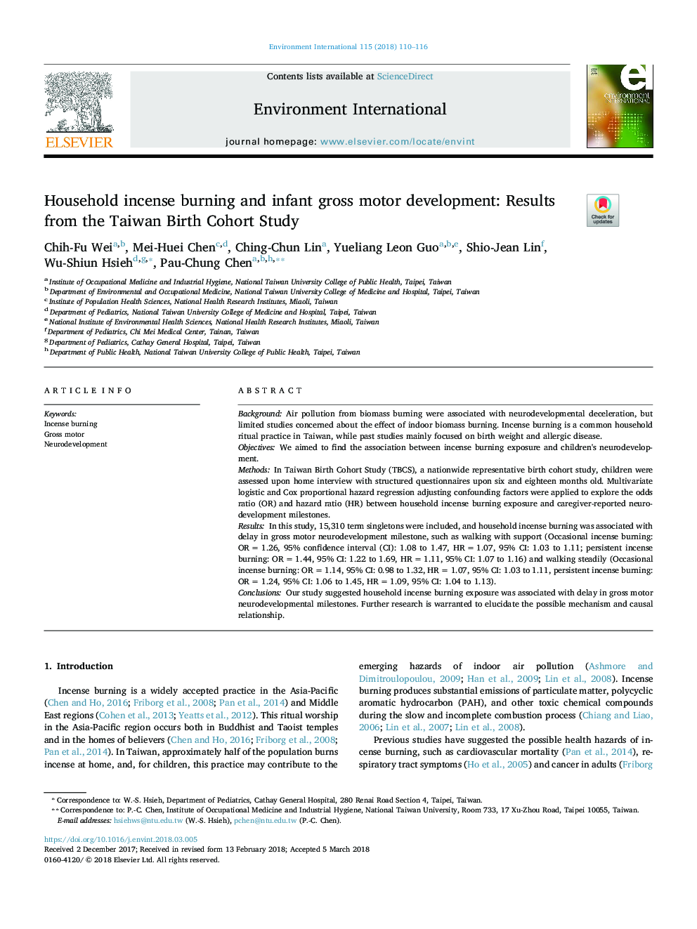 Household incense burning and infant gross motor development: Results from the Taiwan Birth Cohort Study