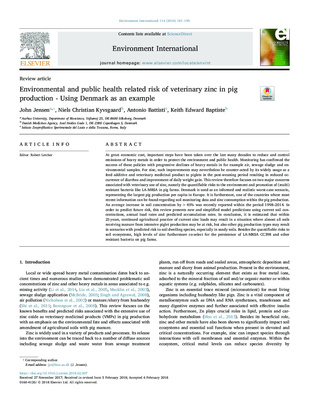 Environmental and public health related risk of veterinary zinc in pig production - Using Denmark as an example