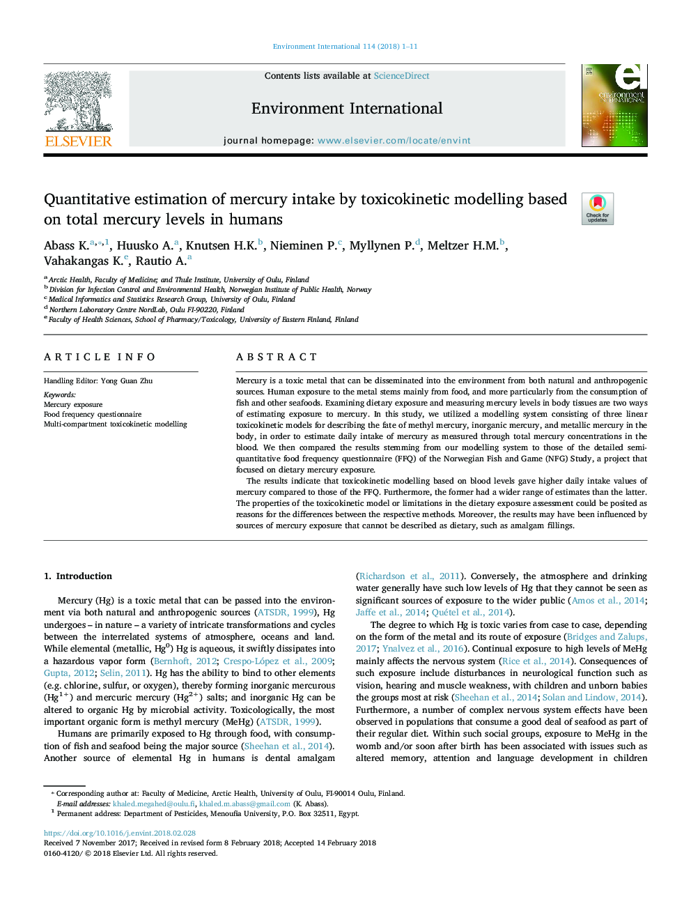 Quantitative estimation of mercury intake by toxicokinetic modelling based on total mercury levels in humans