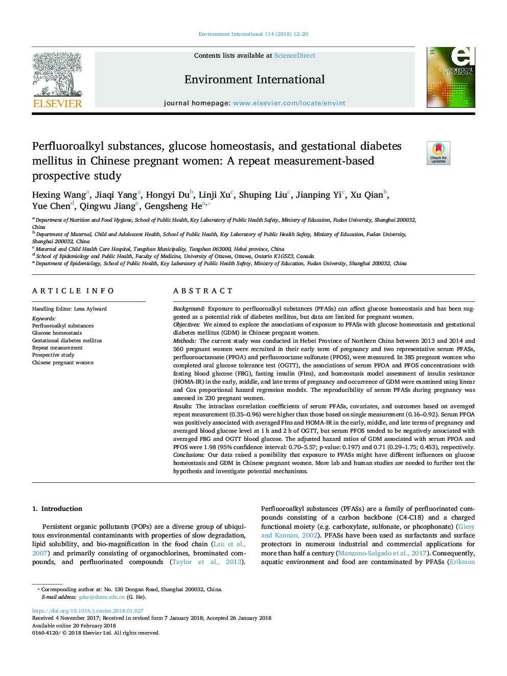 Perfluoroalkyl substances, glucose homeostasis, and gestational diabetes mellitus in Chinese pregnant women: A repeat measurement-based prospective study