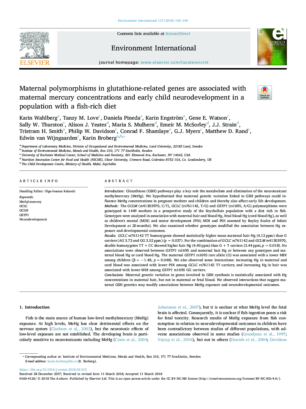 Maternal polymorphisms in glutathione-related genes are associated with maternal mercury concentrations and early child neurodevelopment in a population with a fish-rich diet