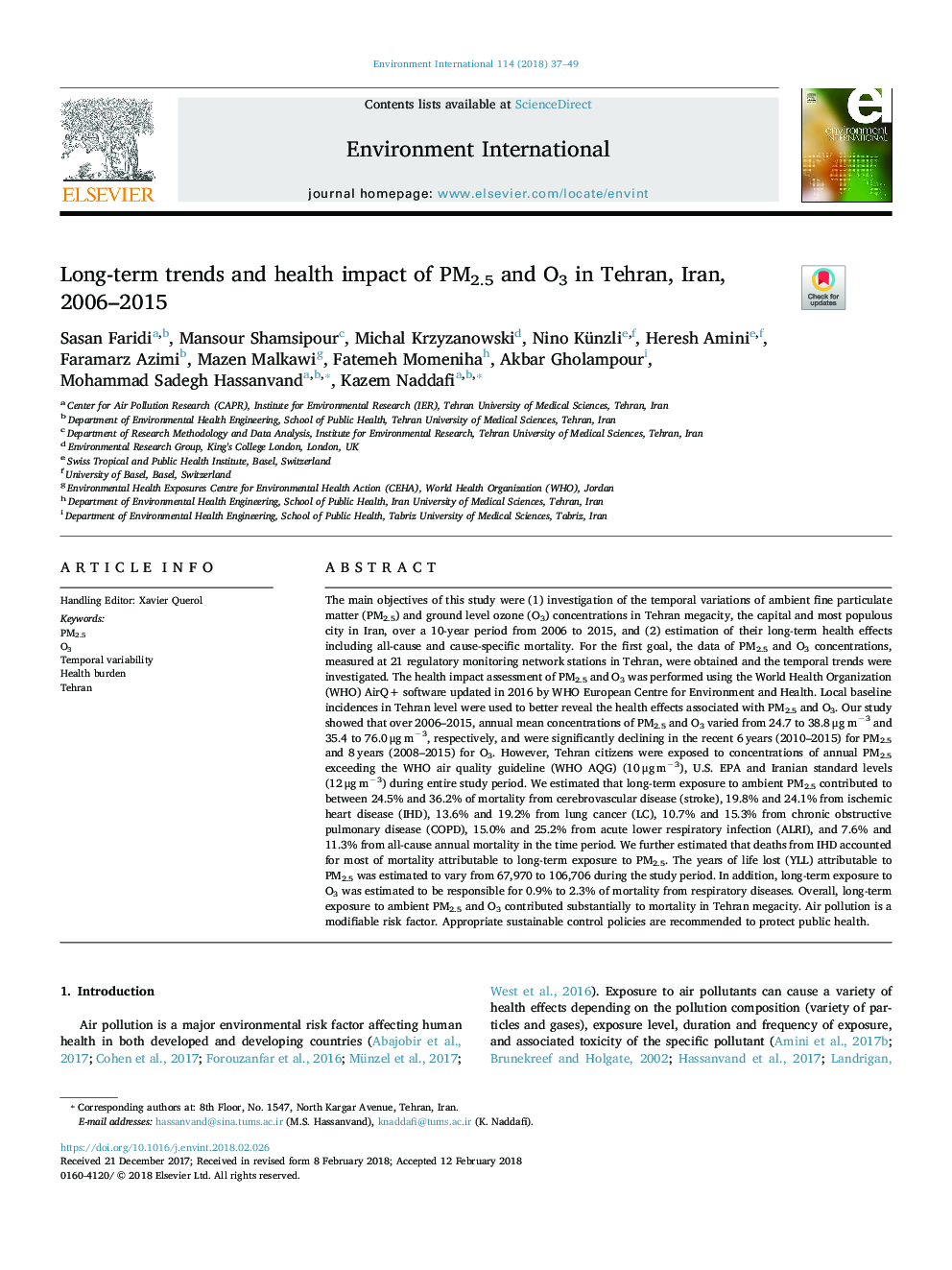 Long-term trends and health impact of PM2.5 and O3 in Tehran, Iran, 2006-2015