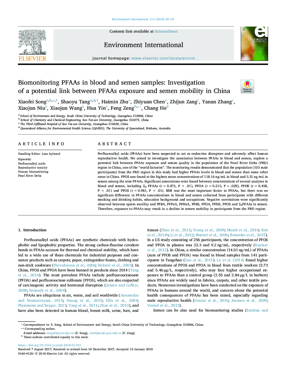 Biomonitoring PFAAs in blood and semen samples: Investigation of a potential link between PFAAs exposure and semen mobility in China