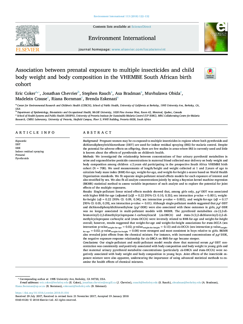 Association between prenatal exposure to multiple insecticides and child body weight and body composition in the VHEMBE South African birth cohort