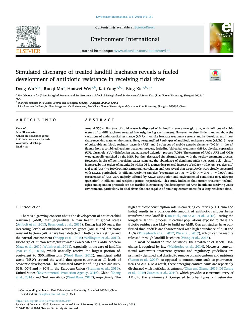 Simulated discharge of treated landfill leachates reveals a fueled development of antibiotic resistance in receiving tidal river