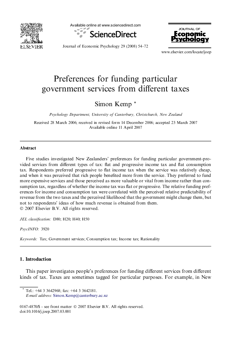 Preferences for funding particular government services from different taxes