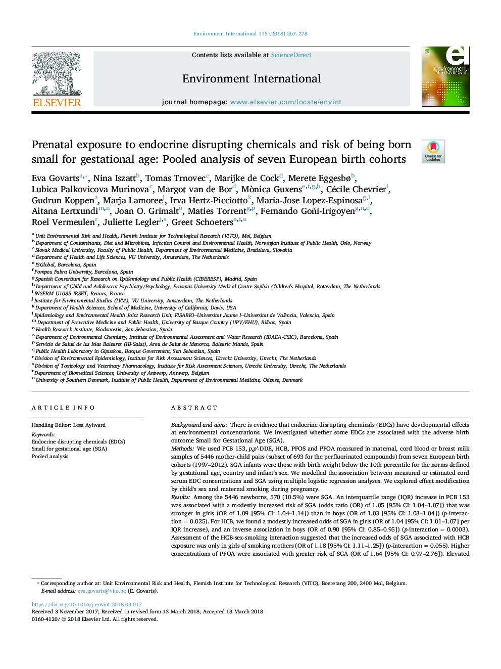 Prenatal exposure to endocrine disrupting chemicals and risk of being born small for gestational age: Pooled analysis of seven European birth cohorts