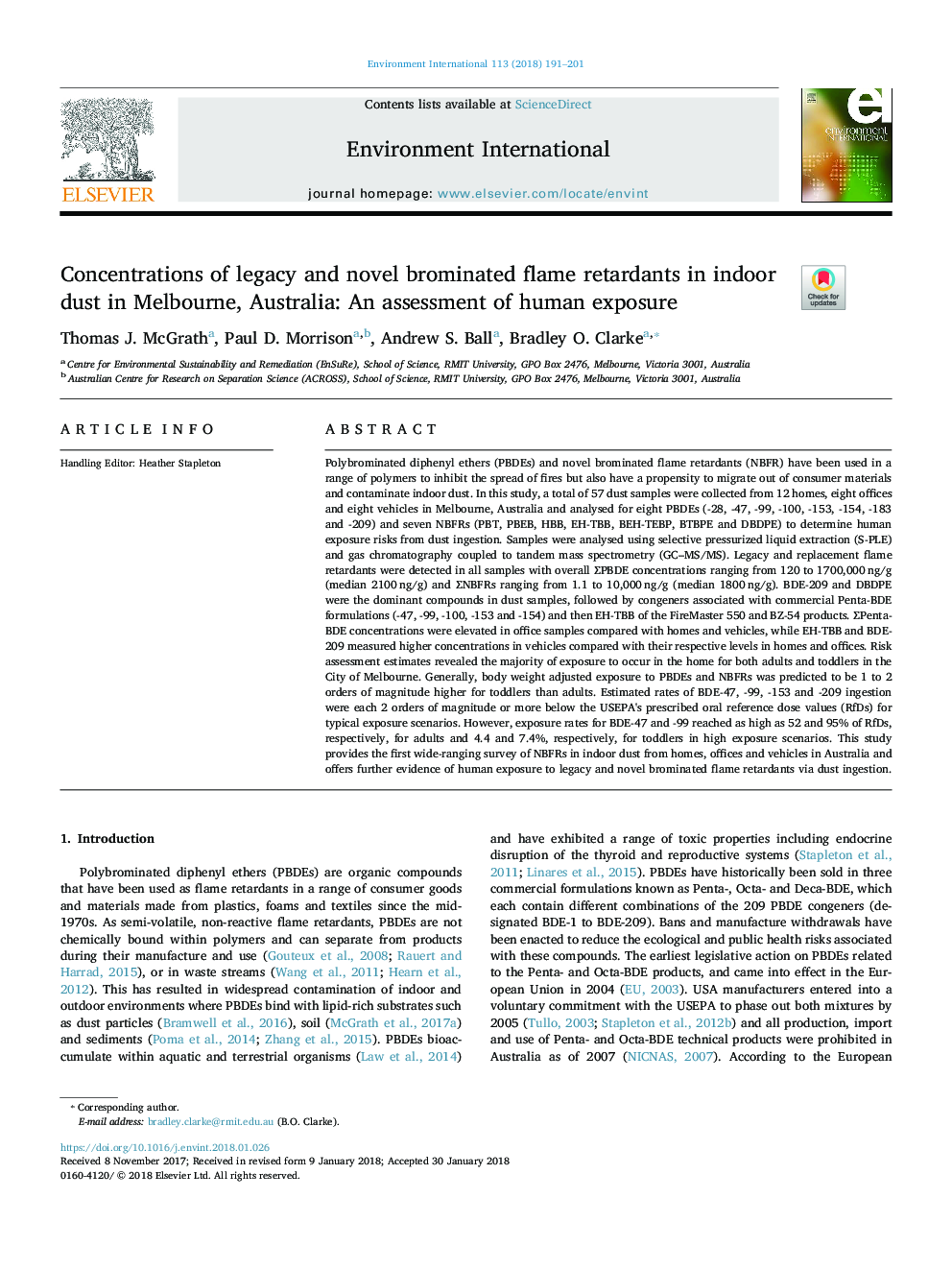 Concentrations of legacy and novel brominated flame retardants in indoor dust in Melbourne, Australia: An assessment of human exposure