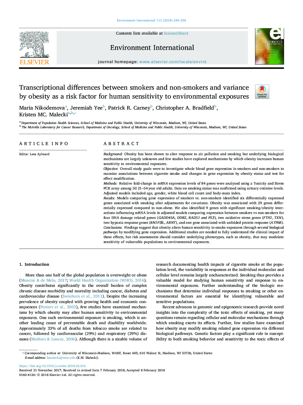 Transcriptional differences between smokers and non-smokers and variance by obesity as a risk factor for human sensitivity to environmental exposures