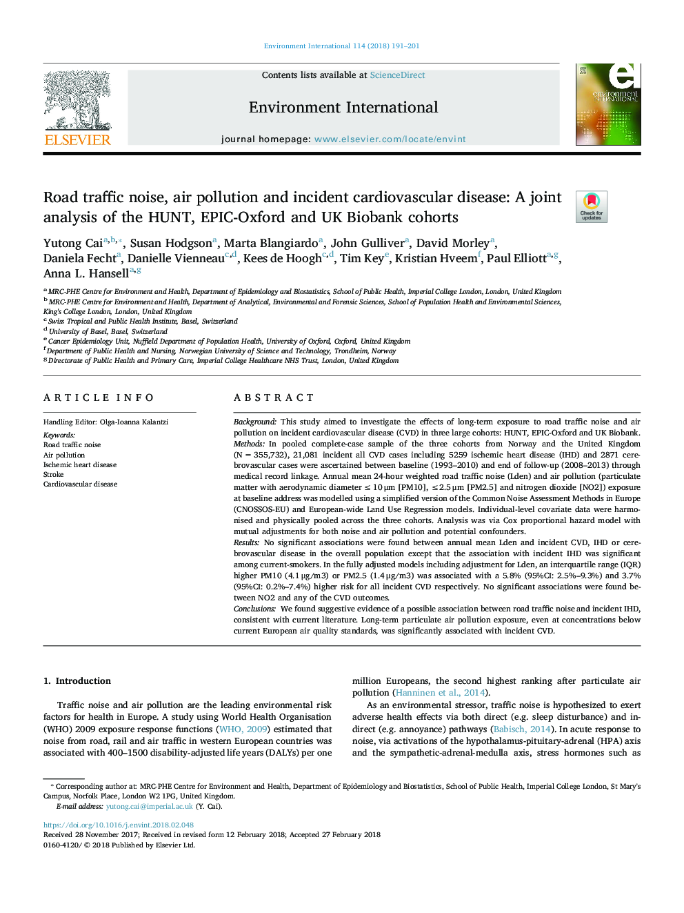 Road traffic noise, air pollution and incident cardiovascular disease: A joint analysis of the HUNT, EPIC-Oxford and UK Biobank cohorts