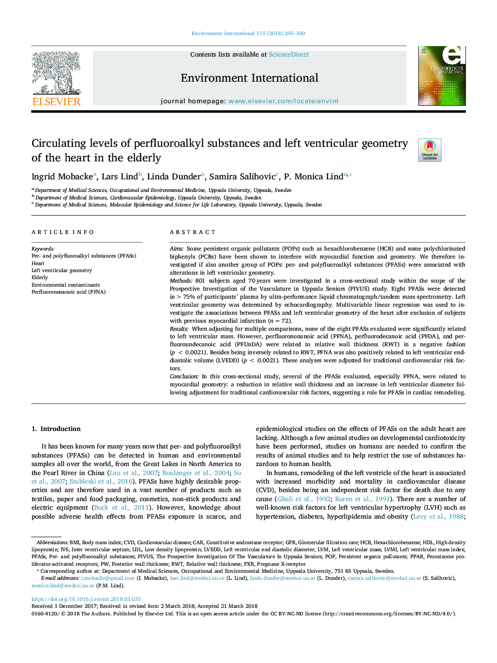 Circulating levels of perfluoroalkyl substances and left ventricular geometry of the heart in the elderly