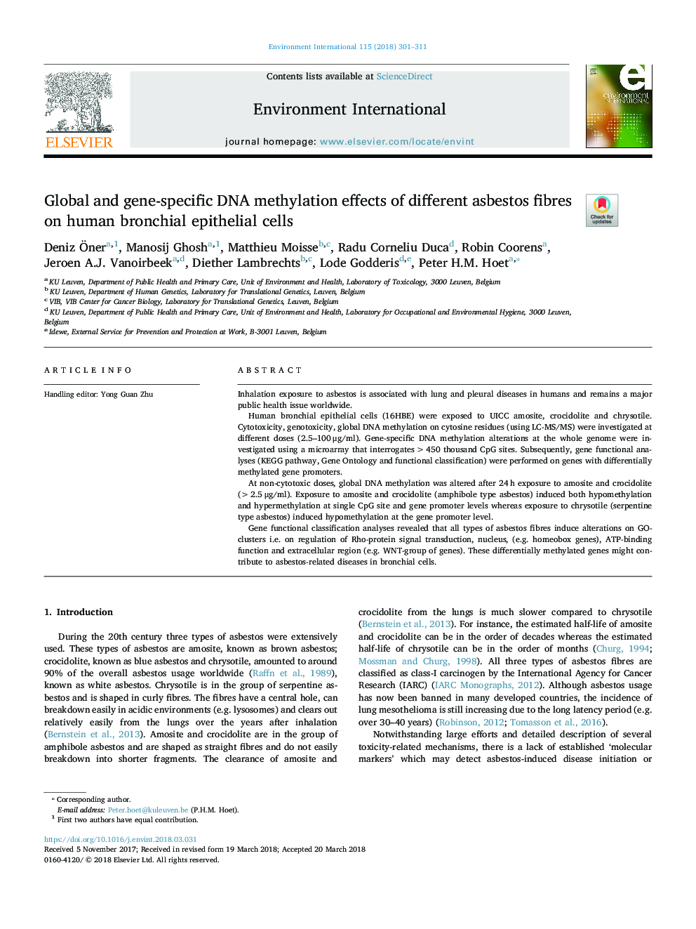 Global and gene-specific DNA methylation effects of different asbestos fibres on human bronchial epithelial cells