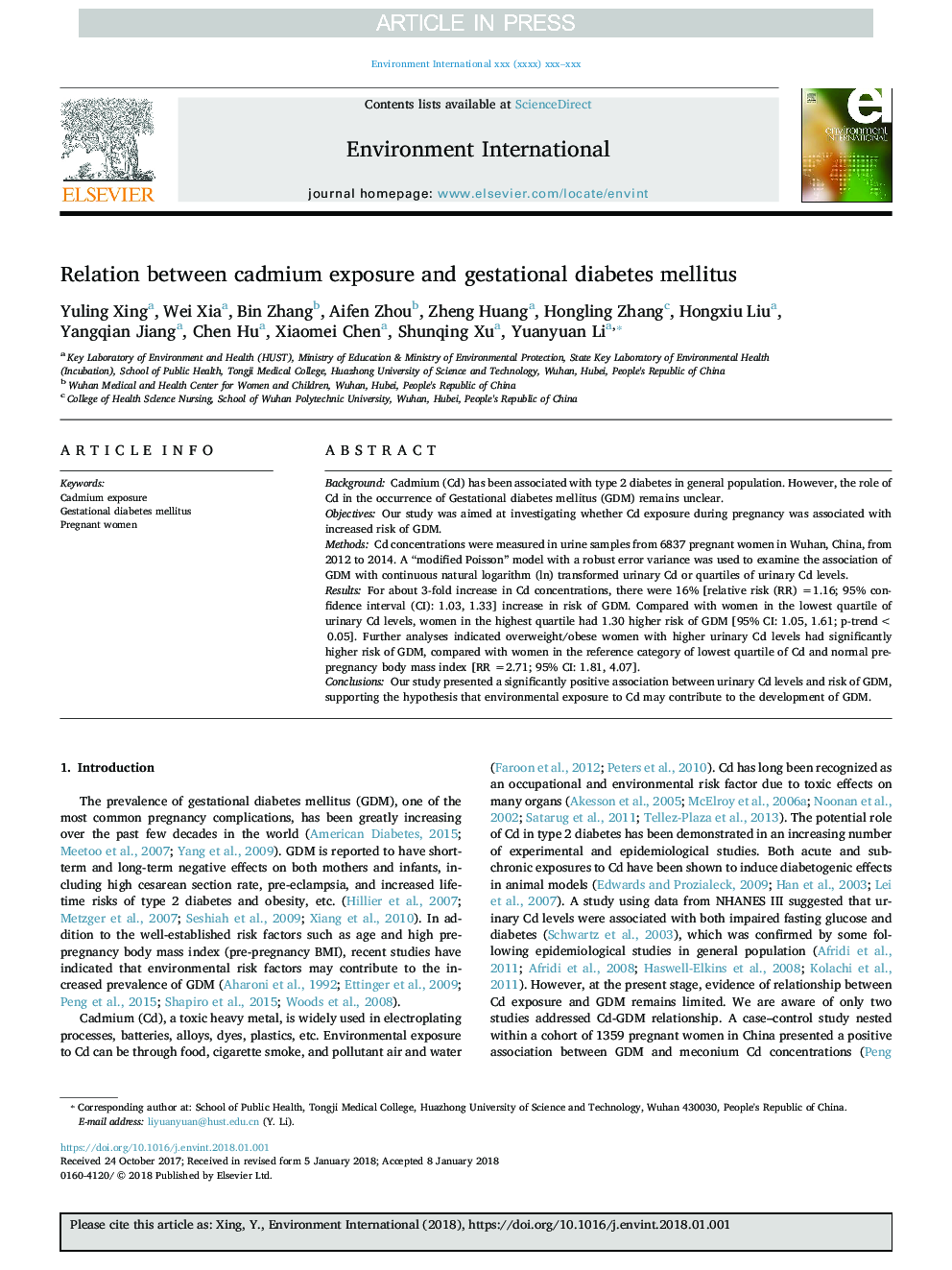 Relation between cadmium exposure and gestational diabetes mellitus