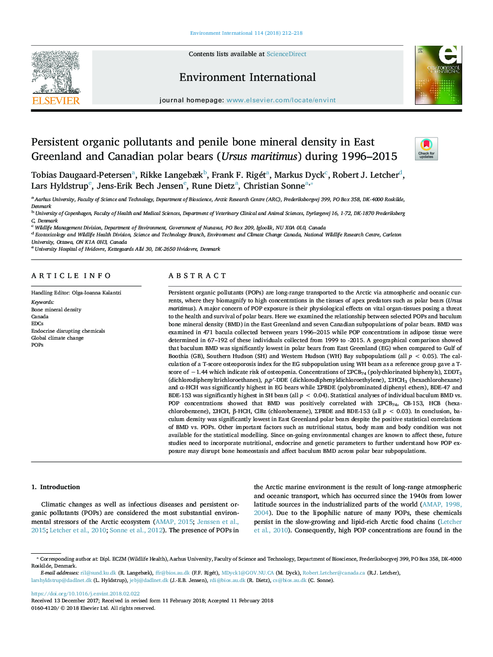 Persistent organic pollutants and penile bone mineral density in East Greenland and Canadian polar bears (Ursus maritimus) during 1996-2015