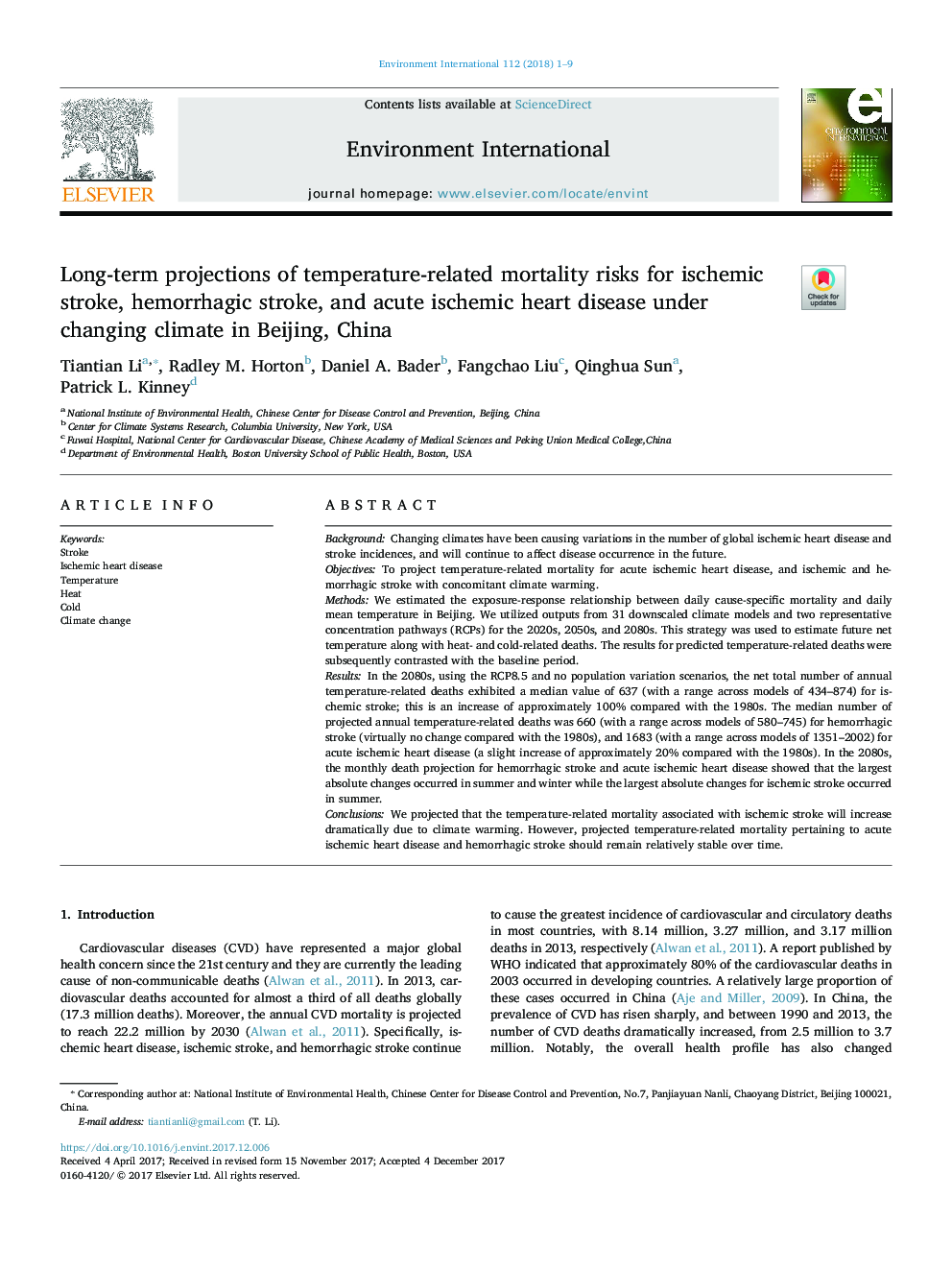 Long-term projections of temperature-related mortality risks for ischemic stroke, hemorrhagic stroke, and acute ischemic heart disease under changing climate in Beijing, China