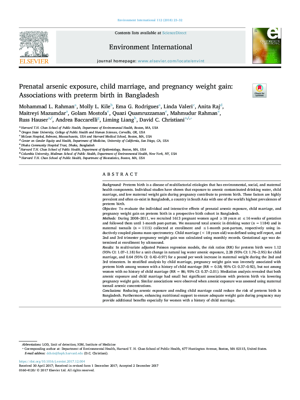 Prenatal arsenic exposure, child marriage, and pregnancy weight gain: Associations with preterm birth in Bangladesh