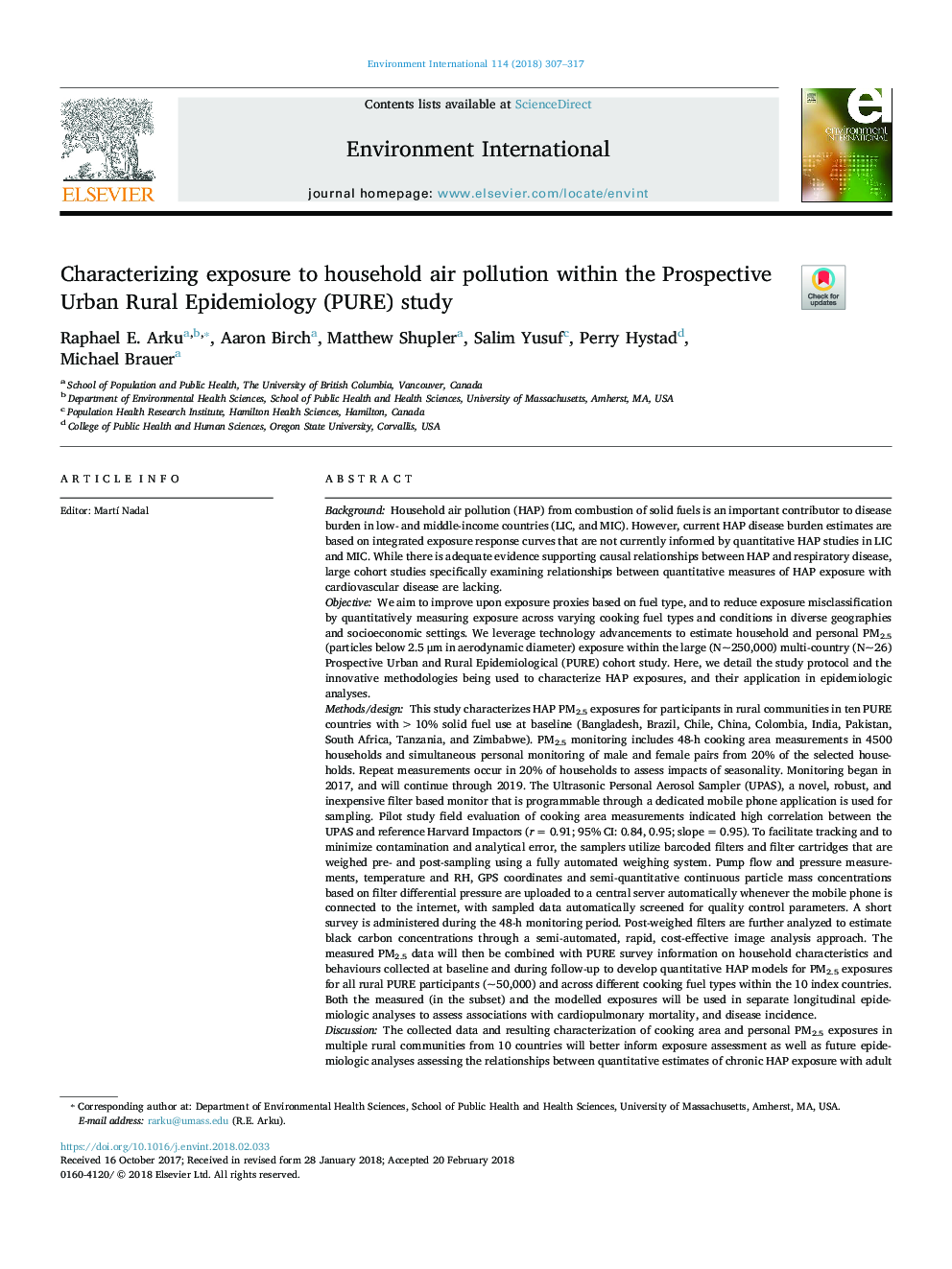 Characterizing exposure to household air pollution within the Prospective Urban Rural Epidemiology (PURE) study