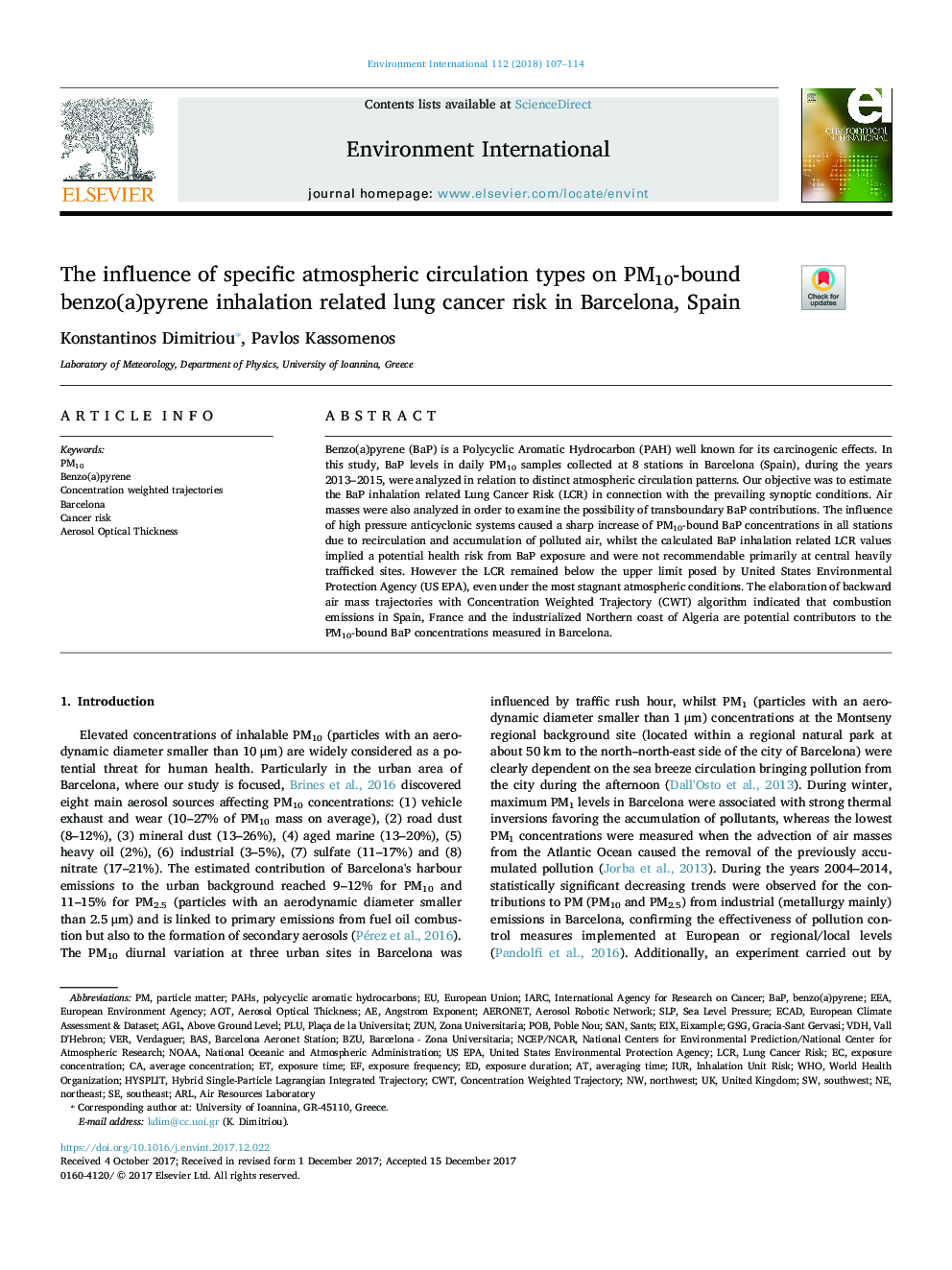 The influence of specific atmospheric circulation types on PM10-bound benzo(a)pyrene inhalation related lung cancer risk in Barcelona, Spain