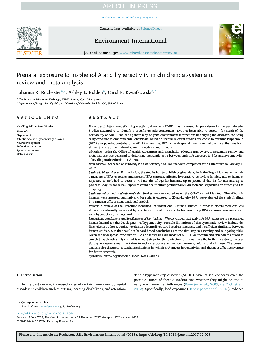 Prenatal exposure to bisphenol A and hyperactivity in children: a systematic review and meta-analysis