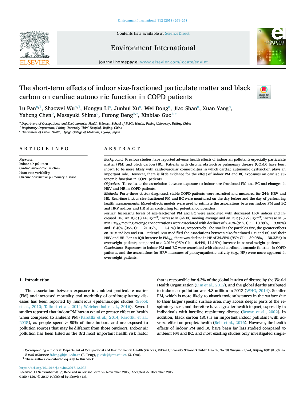 The short-term effects of indoor size-fractioned particulate matter and black carbon on cardiac autonomic function in COPD patients