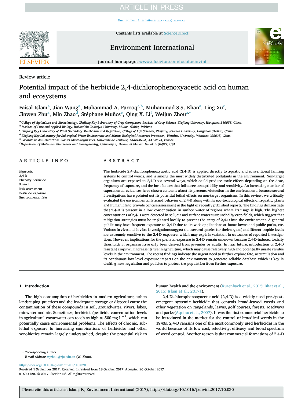 Potential impact of the herbicide 2,4-dichlorophenoxyacetic acid on human and ecosystems