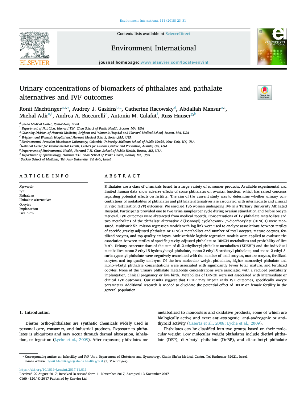 Urinary concentrations of biomarkers of phthalates and phthalate alternatives and IVF outcomes