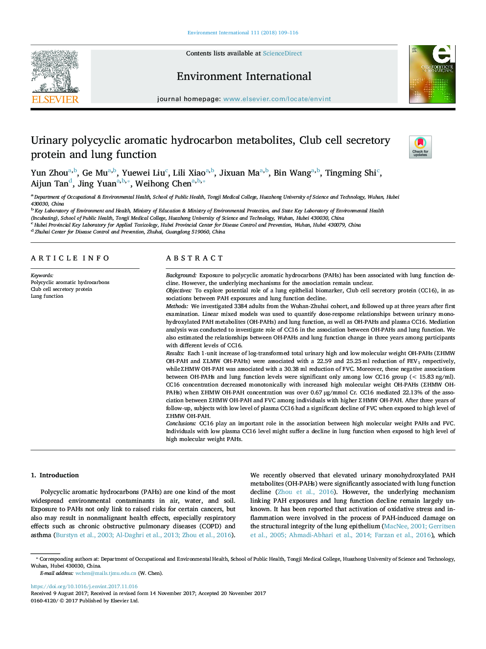 Urinary polycyclic aromatic hydrocarbon metabolites, Club cell secretory protein and lung function