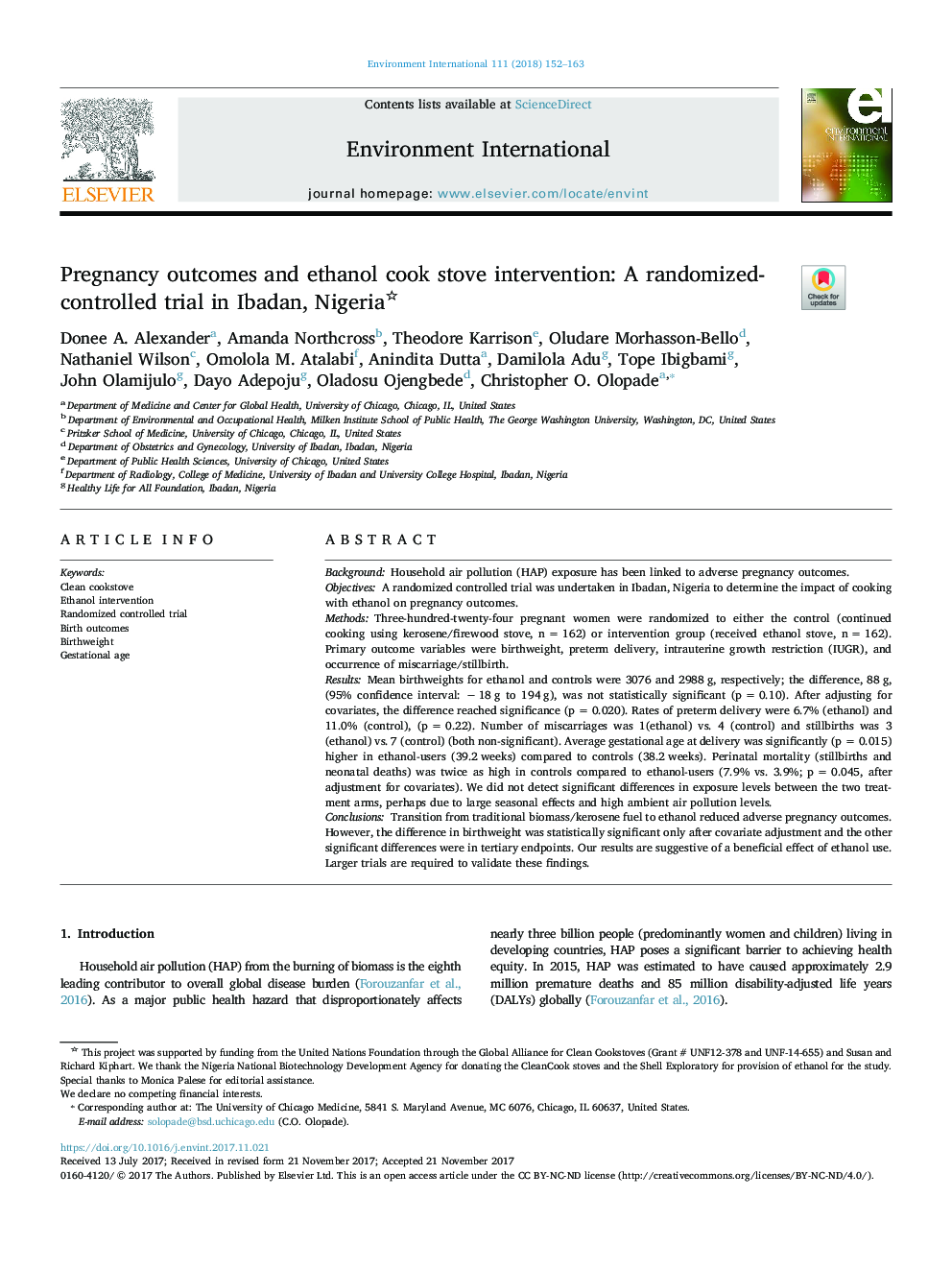 نتایج بارداری و مداخلات اجاق گاز اتانول آشپزی: یک کارآزمایی بالینی تصادفی شده در ایبادان، نیجریه 