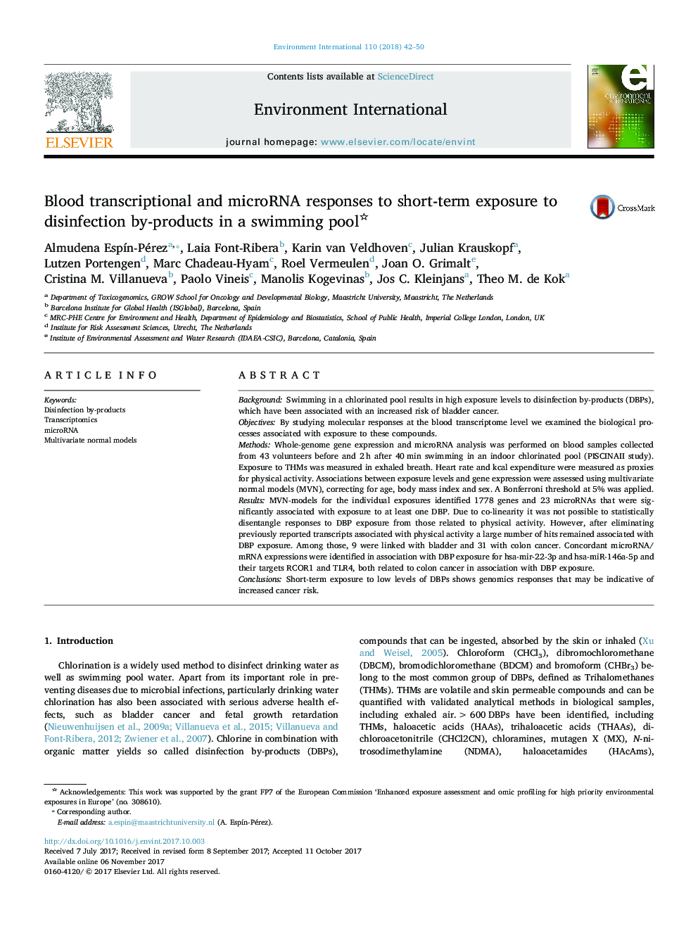 Blood transcriptional and microRNA responses to short-term exposure to disinfection by-products in a swimming pool