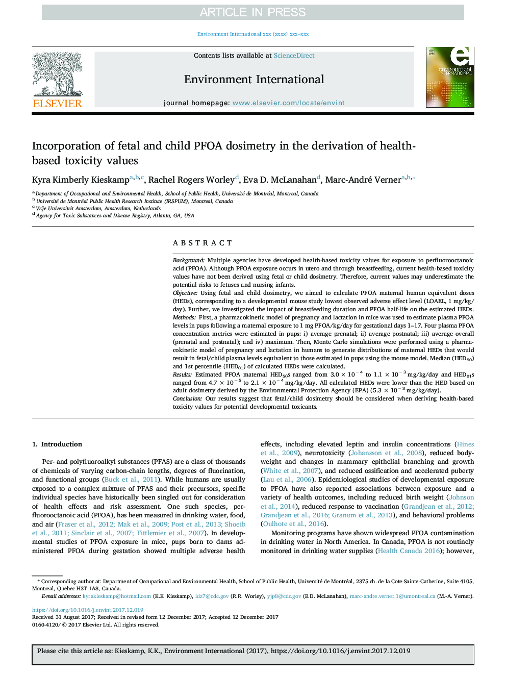 Incorporation of fetal and child PFOA dosimetry in the derivation of health-based toxicity values