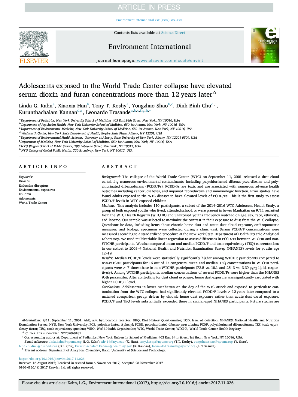 Adolescents exposed to the World Trade Center collapse have elevated serum dioxin and furan concentrations more than Â 12Â years later