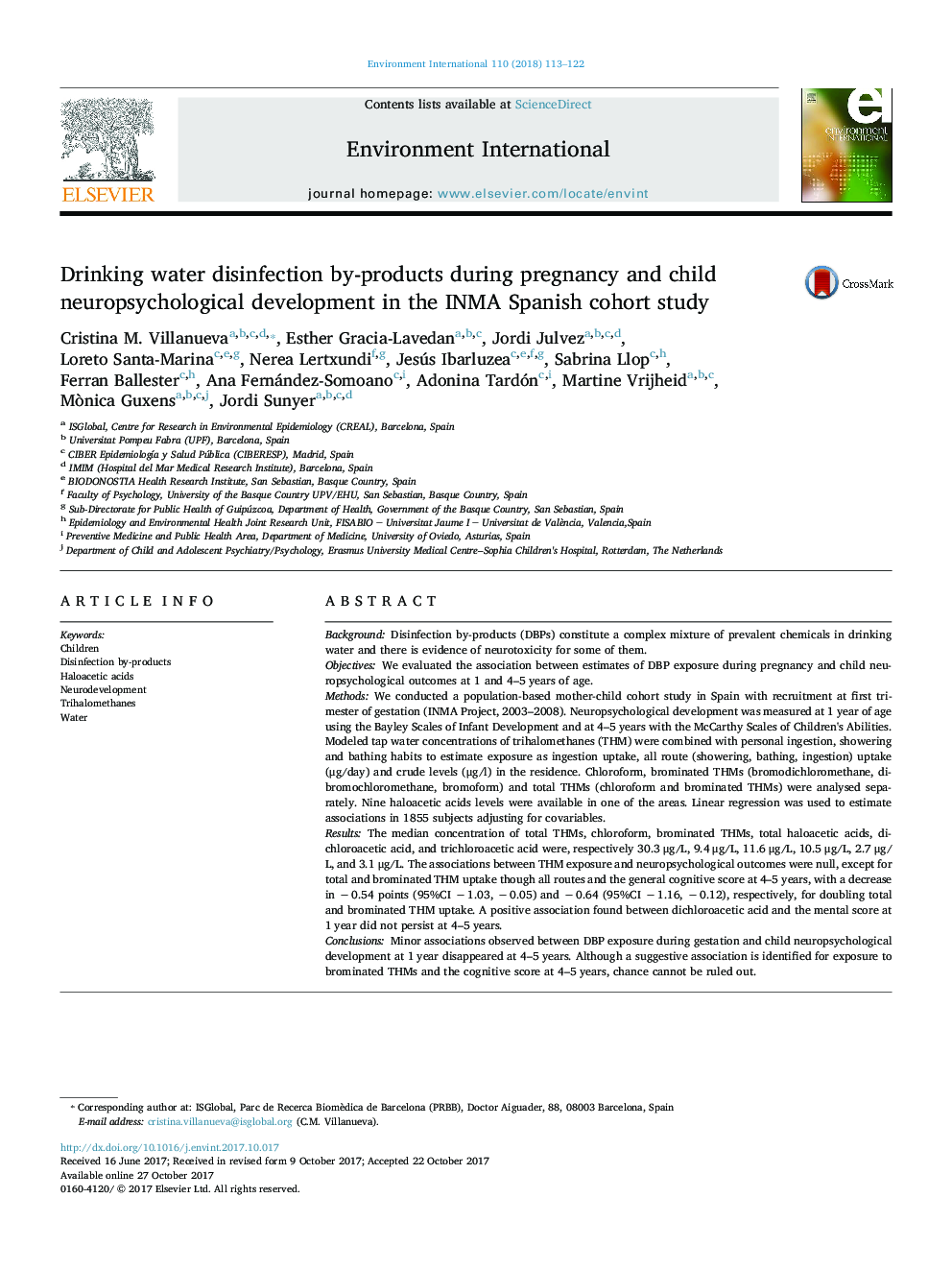 Drinking water disinfection by-products during pregnancy and child neuropsychological development in the INMA Spanish cohort study